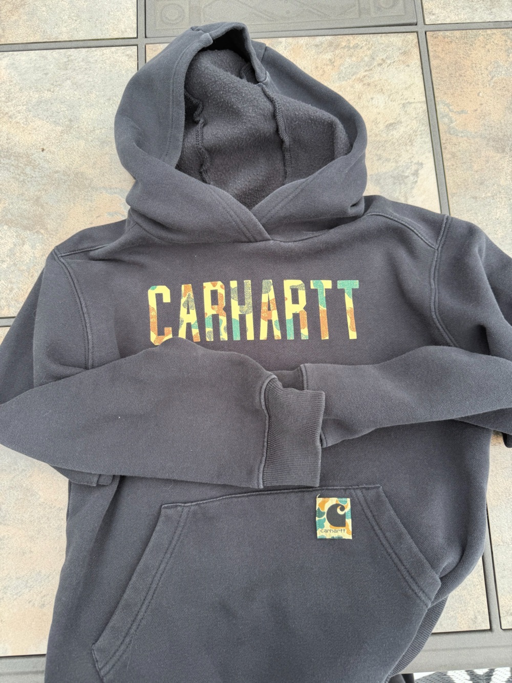 Youth Carhartt Black Crewneck Hoodie with Camo Logo